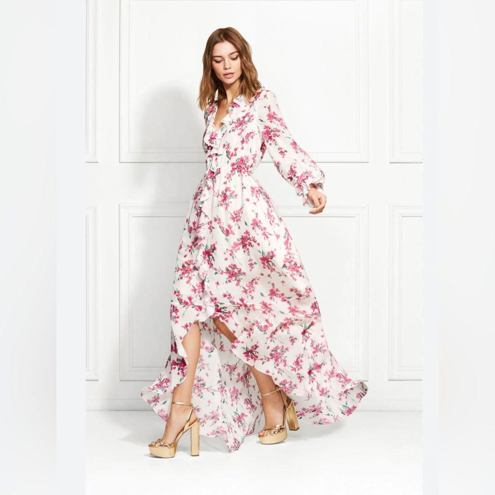 🌼RACHEL ZOE Thea Ruffle-trimmed Floral-print Chiffon Maxi Dress In White size 2